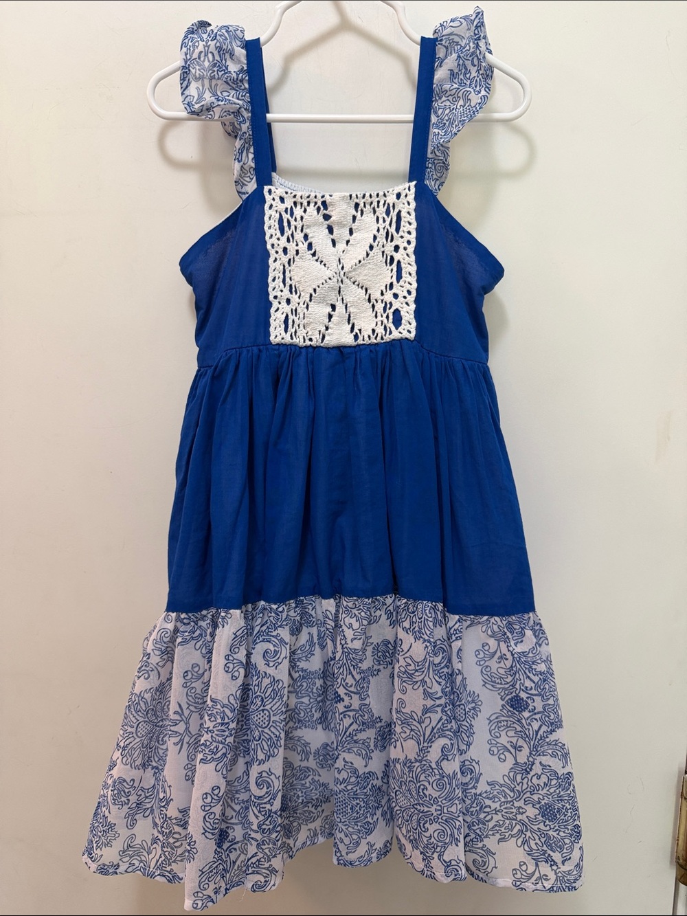 WDW Girls Blue & White Tiered Sundress with Crochet Accent